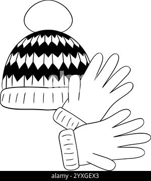 une paire de gants d'hiver avec composition de ligne graphique de chapeau. Illustration vectorielle adaptée aux conceptions d'affiches, cartes, animations, logos, bannières, gant i. Illustration de Vecteur