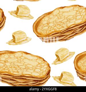 Crêpes chaudes et morceaux beurre motif sans couture sur blanc. Illustration aquarelle pour l'emballage, textiles de cuisine, serviettes, étiquettes. Banque D'Images