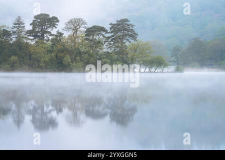 Matinée paisible au lac avec la brume qui monte de l'eau et les reflets calmes des arbres. Rydal Water, Lake District, Royaume-Uni. Banque D'Images