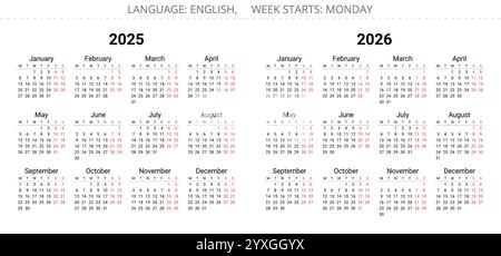 calendriers vectoriels anglais de 2025 et 2026 ans avec 12 mois. La semaine commence lundi Illustration de Vecteur