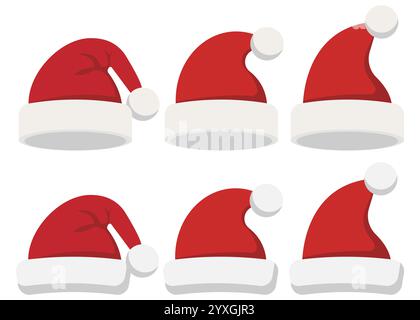 Une collection vibrante de six chapeaux de Père Noël rouges festifs, idéale pour toutes vos créations et célébrations sur le thème des vacances Illustration de Vecteur