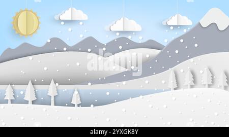 Un paysage hivernal magnifiquement serein qui présente des montagnes enneigées, des arbres et un design d'art de papier unique Illustration de Vecteur