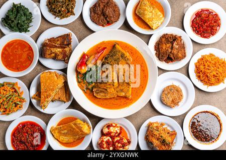 Nasi padang est un plat buffet complet comme (indonésien : ayam goreng, ayam rendang, ikan gulai, perkedel, rendang sapi, telur dadar), légumes et s. Banque D'Images