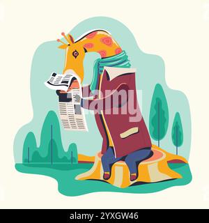 Personnages animaux lisant le journal illustration vectorielle. Ver de bibliothèque girafe Illustration de Vecteur