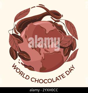 Célébrez la journée mondiale du chocolat avec le cacaoyer et le globe Illustration de Vecteur