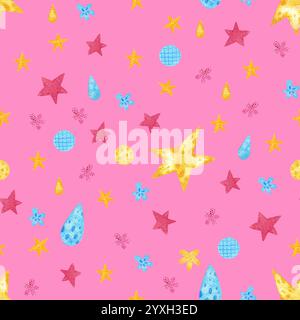 Motif abstrait lumineux pour enfants avec de petites étoiles jaunes et roses, illustration aquarelle. Modèle pour enfants rose pour les filles. Bon pour le tissu Banque D'Images