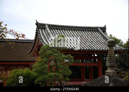 Vue panoramique du Shoro une structure couverte sans murs connue sous le nom de fukihanachi utilisée comme clocher sur le terrain de Kiyomizu-dera à Kyoto, au Japon. Banque D'Images