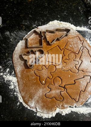 Pâte à biscuits de Noël déroulée avec des emporte-pièces en métal disposés sur le dessus, montrant des hommes en pain d'épices, des maisons et des formes d'arbres saupoudrés de farine à l'obscurité Banque D'Images