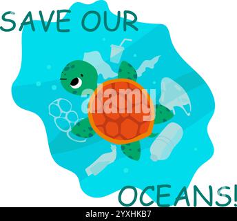 Tortue et pollution plastique. Sauvez le concept de l'océan avec une tortue minuscule dans l'eau sale. Problèmes d'écologie de l'environnement, animaux marins la nature en danger, de nos jours Illustration de Vecteur