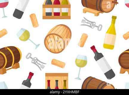 Barils de vin modèle sans couture. Tonneau en bois et liège, verres à vin et bouteilles. Eléments vinicoles emballage en tissu ou conception d'impression de papier peint, néotérique Illustration de Vecteur