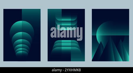 Ensemble de trois designs d'affiche à la mode, avec des formes géométriques simples et des remplissages en dégradé dans des couleurs turquoise et bleu foncé. Ensemble de minimaliste abstrait Illustration de Vecteur