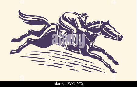 Courses hippiques, jockey cheval de course à grande vitesse. Sport extrême, illustration vectorielle dessinée à la main Illustration de Vecteur