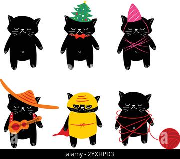 Ensemble de chats noirs mignons Illustration de Vecteur