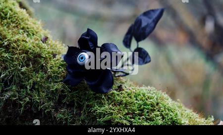 Une rose noire sur une branche moussue. Gothique, Halloween. Banque D'Images