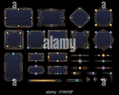 Cadres de jeu médiévaux. Dark Fantasy rpg gaming ux ui cadre de fenêtre, interface gothique barre de bouton de bordure de menu dorée art déco ornement titre antique design chic illustration vectorielle illustration originale Illustration de Vecteur