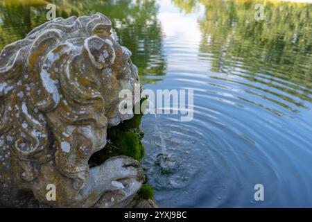 Intérieur du jardin Lumiar à Lisbonne. Parc botanique Monteiro-mor. lac avec fontaine d'eau en forme de tête de lion.Lisbonne-Portugal. Banque D'Images