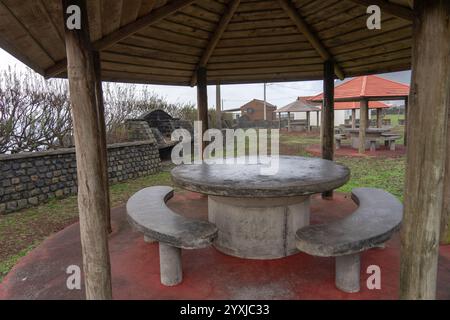 Table en pierre et bancs dans l'aire de pique-nique sur l'île aux fleurs de l'archipel des Açores Banque D'Images