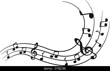 Vague de notes de musique, signes musicaux de courbe, symbole de ligne d'onde sonore, composition acoustique, note musicale, son de musique, ondes musicales, la musique a augmenté la vague Illustration de Vecteur