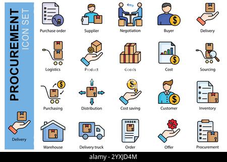 Jeu d'icônes d'approvisionnement. style d'icône de contour coloré. icône liée aux affaires, à la logistique. bon de commande, fournisseur, livraison, etc. élément métier Illustration de Vecteur