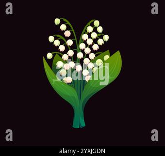 Dessin animé Lily de la vallée fleurs avec des feuilles vertes. Vecteur délicat bouquet de Saint-Valentin, petit, blanc, fleurs en forme de cloche et feuilles symbolisent pu Illustration de Vecteur