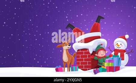 Personnages de Noël et Père Noël coincés dans une cheminée de maison entouré de rennes de bande dessinée, cadeaux, elfe joyeux et amis bonhomme de neige créant une joie Illustration de Vecteur
