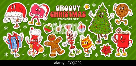 Lot d'autocollants de Noël à motif personnages festifs et joyeuses décorations de Noël. Cœur de vecteur de dessin animé, chapeau de Père Noël, boîte cadeau, pain d'épice m Illustration de Vecteur