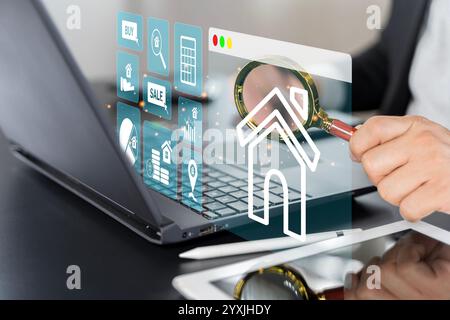 Concept d'investissement immobilier, acheter maison, emplacement, note d'efficacité énergétique et valeur de la propriété, immobilier en ligne sur écrans virtuels. recherche de domicile, Banque D'Images