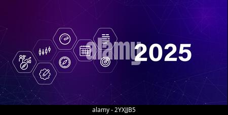 en-tête d'image futuriste du nouvel an 2025 avec fond dégradé ensemble d'icônes de calendrier cible concept de croissance dans la technologie et l'économie Illustration de Vecteur