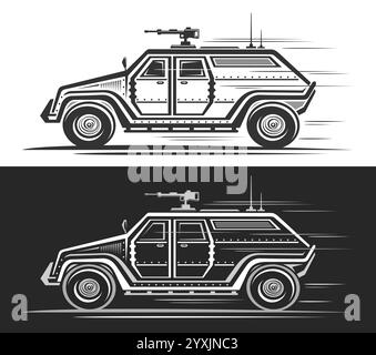 Logo vectoriel pour véhicule militaire, bannière horizontale automobile avec illustration monochrome de contour de voiture concept militaire en mouvement, dessin animé clip art RU Illustration de Vecteur