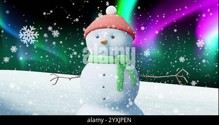 Image de neige tombant sur bonhomme de neige et paysage d'hiver à noël. Noël, tradition et célébration concept image générée numériquement. Banque D'Images