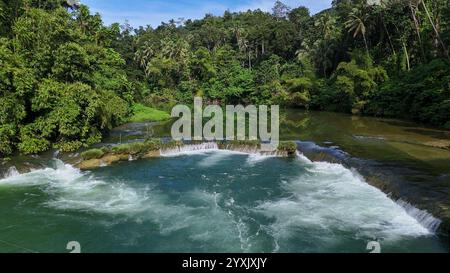 Une cascade de rivière sereine qui coule doucement à travers une forêt tropicale luxuriante, entourée d'une verdure vibrante et d'eaux cristallines. Parfait pour les concepts de Banque D'Images