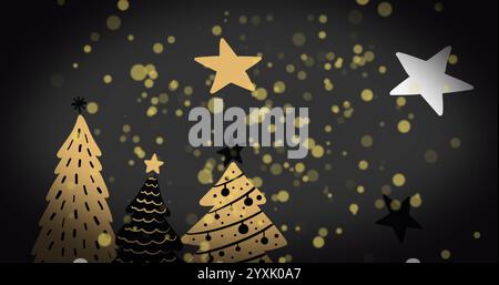 Image de points dorés et d'étoiles sur l'arbre de noël sur fond gris foncé. image générée numériquement par la tradition et le concept de fête de noël. Banque D'Images