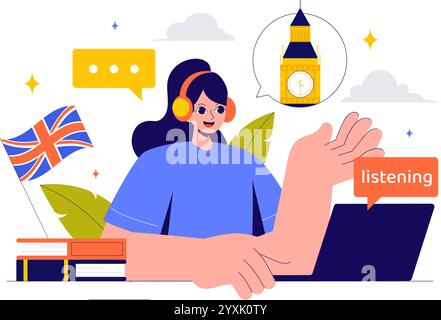 Illustration vectorielle de la langue anglaise mettant en vedette les étudiants qui étudient les langues étrangères, la communication globale et les leçons de grammaire élémentaire Illustration de Vecteur