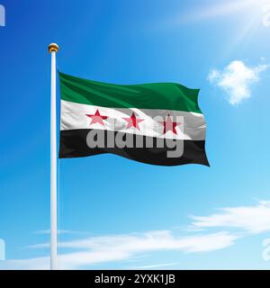 Agitant le drapeau syrien avec des rayures vertes, blanches et noires avec des étoiles rouges Banque D'Images