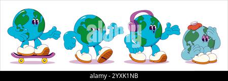 Ensemble de personnages Planet Earth montrant diverses émotions et activités - patiner à bord, marcher en toute confiance, écouter de la musique avec des écouteurs, se sentir malade avec froid sur la tête. Mascotte mondiale expressive. Illustration de Vecteur