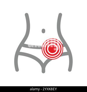 Ovaire ou icône de vecteur de douleur menstruelle. Douleur ovarienne ou d'ovulation, abdomen féminin avec cercle rouge. Illustration de Vecteur