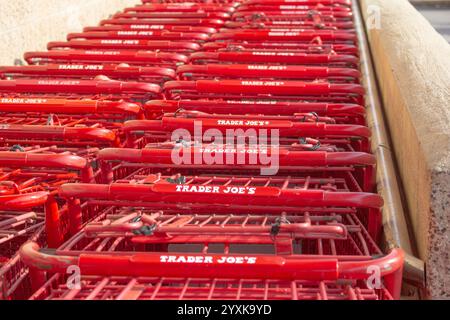 Los Angeles, Californie, États-Unis - 04-03-2019 : vue de plusieurs chariots rouges organisés dans un corral, vus dans un magasin local Trader Joe. Banque D'Images