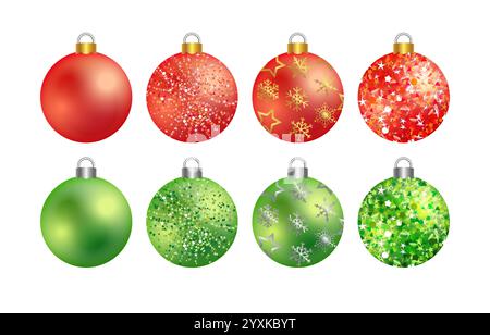 Ensemble de boules de Noël brillantes, clip vectoriel Couleurs vert et rouge. Décorations 3D mignonnes de Noël. Arbre de Noël beau décor avec icône dorée et argentée Illustration de Vecteur