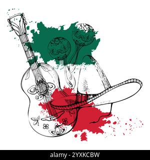 Symboles mexicains sombrero chapeau, guitare maracas mariachi instruments de musique, décoration d'ornement floral, drapeau vert blanc rouge. Vecteur d'encre dessiné à la main Illustration de Vecteur