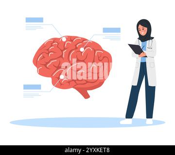 Concept neurologue. Médecin féminin arabe examiner le cerveau humain. Anatomie et biologie. Neurologie ou neurosciences. Illustration vectorielle dans le style de dessin animé plat Illustration de Vecteur