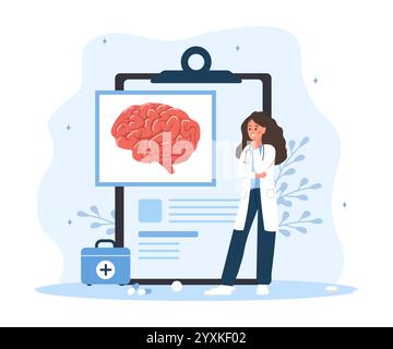 Concept neurologue. Un médecin féminin examine le cerveau humain. Anatomie et biologie. Neurologie ou neurosciences. Illustration vectorielle dans le style de dessin animé plat Illustration de Vecteur