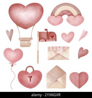 Ensemble rétro vintage aquarelle Saint-Valentin. Mignons éléments dessinés à la main pour les cartes de voeux d'anniversaire ou la conception textile Banque D'Images