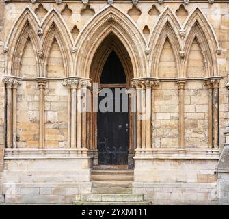 Porte fermée en chêne décorée à l'extrémité ouest de la cathédrale de Lincoln, en Angleterre. Banque D'Images