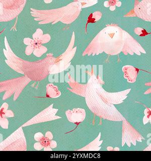 Fleurs Sakura et oiseaux dans différentes poses, monochromatique peint à la main motif sans couture aquarelle sur turquoise. Art rose de haute qualité parfait pour Banque D'Images