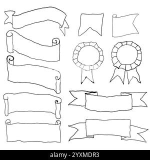 simple isolé puéril dessiné à la main lignes ensemble d'art de ruban de défilement de bannière ou d'étiquette pour le fond. Illustration de Vecteur
