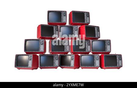 Téléviseurs vintage rouges formant pyramide fond transparent 3D. Banque D'Images