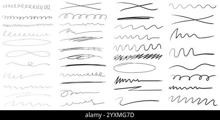 Lignes grunge, griffures, griffonnages au crayon, coups de crayon au charbon de bois rugueux, traits de soulignement barré. Illustration de Vecteur