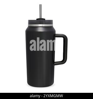 Tasse de voyage en plastique noir tasse thermo avec poignée maquette vectorielle. Flacon voyageur portable en aluminium. Gobelet thermique à vide pour café chaud ou boisson de thé, b Illustration de Vecteur