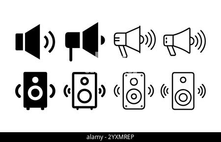 Collection d'icônes audio et audio, jeu d'icônes de haut-parleur. Icône sonore, mégaphone, boîte de haut-parleur, logo, silhouette, illustration vectorielle. Illustration de Vecteur