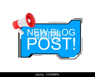 Mégaphone annonçant un nouveau billet de blog avec une bulle de discours bleue Illustration de Vecteur